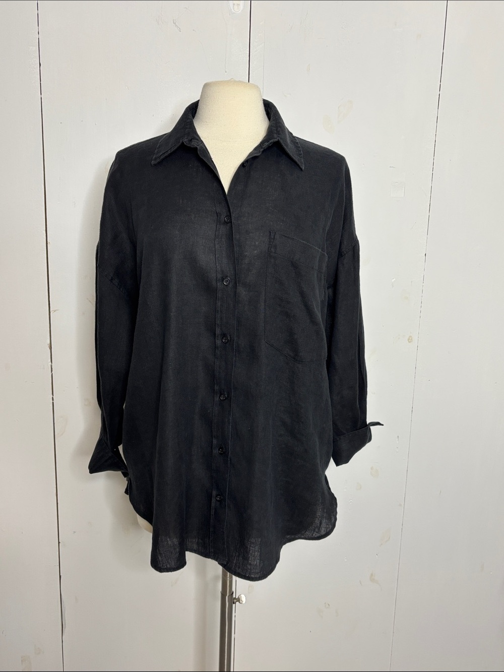 Zara black 3/4 sleeve linen button down top size medium
